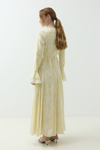 Düğme Detaylı Modal Brode Elbise Sarı