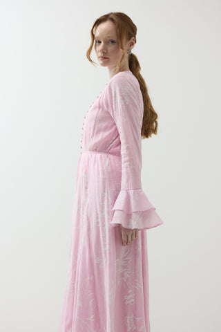 Düğme Detaylı Modal Brode Elbise Pembe