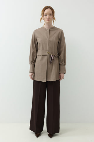 Fular Kemer Detaylı Gabardin Kot Ceket Vizon