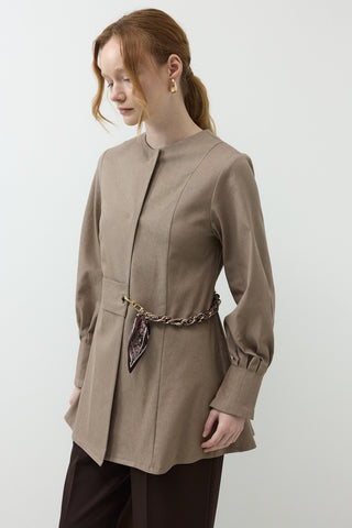 Fular Kemer Detaylı Gabardin Kot Ceket Vizon