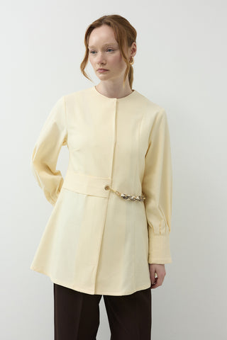 Fular Kemer Detaylı Gabardin Kot Ceket Sarı