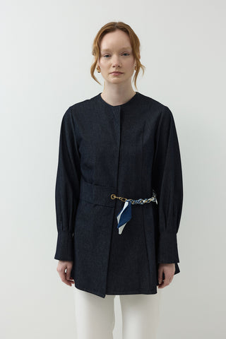 Fular Kemer Detaylı Gabardin Kot Ceket Lacivert