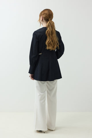 Fular Kemer Detaylı Gabardin Kot Ceket Lacivert