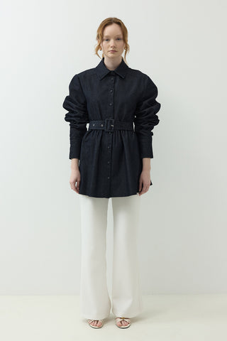 Kemer Detaylı Kot Gabardin Ceket Lacivert