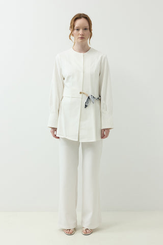Fular Kemer Detaylı Gabardin Kot Ceket Ekru