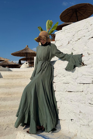 Volan Kollu Parçalı Elbise Yeşil