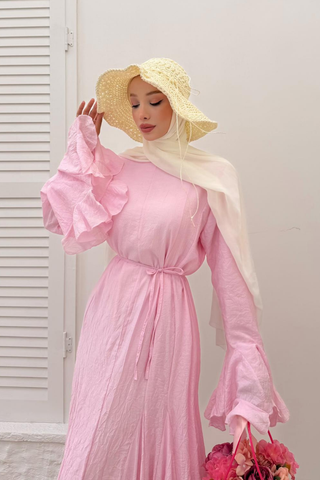 Volan Kollu Parçalı Elbise Pembe