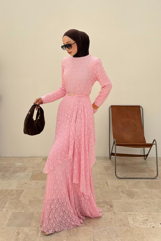 Şal Detaylı Balık Kesim Dantel Elbise Pembe