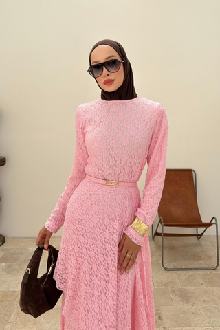 Şal Detaylı Balık Kesim Dantel Elbise Pembe