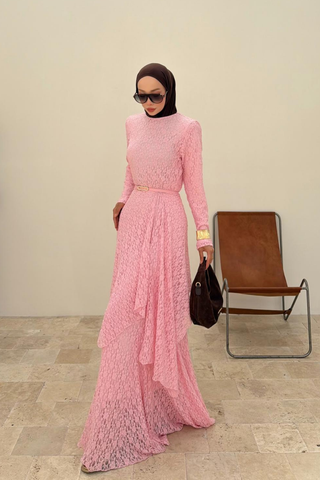 Şal Detaylı Balık Kesim Dantel Elbise Pembe