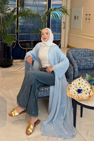 Taş İnci Detaylı İnce Tensel Abaya Mavi