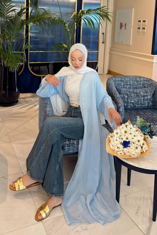 Taş İnci Detaylı İnce Tensel Abaya Mavi