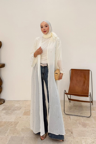 Taş İnci Detaylı İnce Tensel Abaya Krem