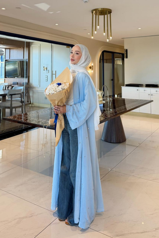 Taş İnci Detaylı İnce Tensel Abaya Mavi