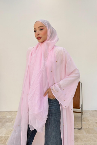 Taş İnci Detaylı İnce Tensel Abaya Pembe