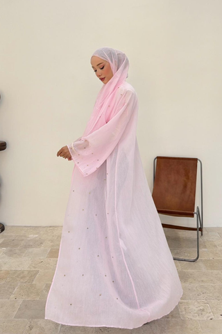 Taş İnci Detaylı İnce Tensel Abaya Pembe