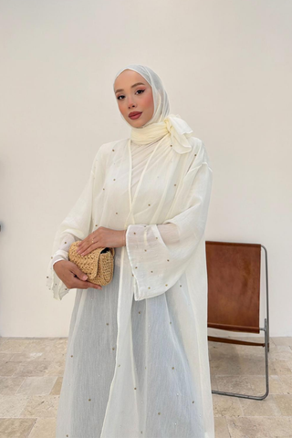 Taş İnci Detaylı İnce Tensel Abaya Krem
