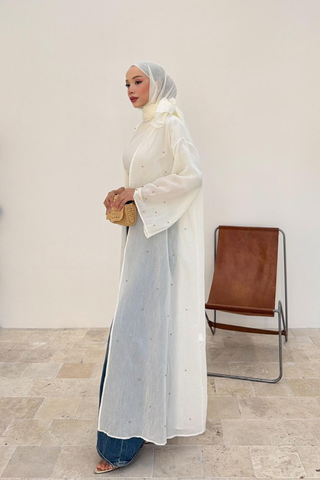 Taş İnci Detaylı İnce Tensel Abaya Krem