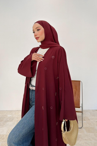 Taş İşlemeli Abaya Bordo