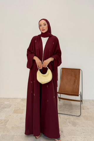 Taş İşlemeli Abaya Bordo