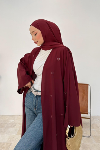 Taş İşlemeli Abaya Bordo