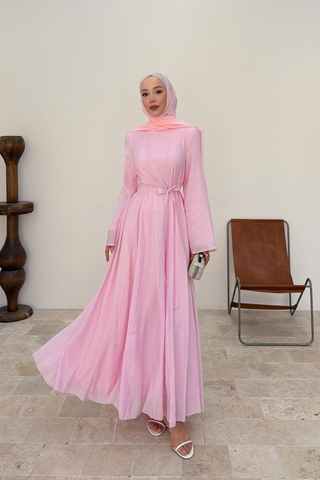 Taş İnci Detaylı Balon Kollu Elbise Pembe