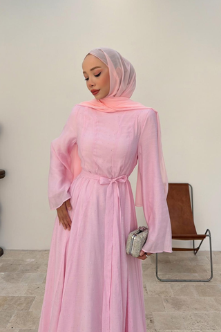 Taş İnci Detaylı Balon Kollu Elbise Pembe