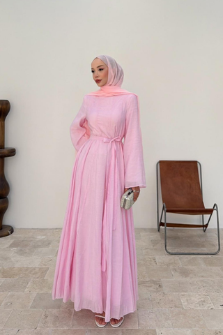 Taş İnci Detaylı Balon Kollu Elbise Pembe