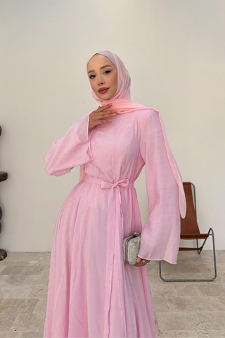 Taş İnci Detaylı Balon Kollu Elbise Pembe
