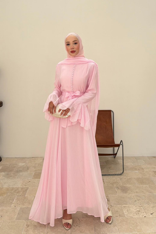 Volan Kollu Kaplama Düğmeli Kuşaklı Elbise Pembe