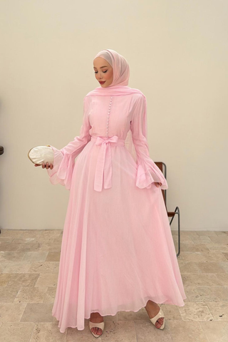 Volan Kollu Kaplama Düğmeli Kuşaklı Elbise Pembe
