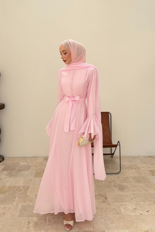 Volan Kollu Kaplama Düğmeli Kuşaklı Elbise Pembe