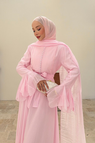 Volan Kollu Kaplama Düğmeli Kuşaklı Elbise Pembe