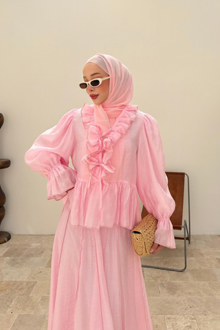 Yakası Fırfır Detaylı Etekli İkili Takım Pembe