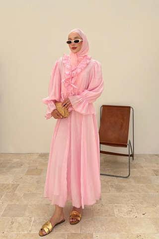 Yakası Fırfır Detaylı Etekli İkili Takım Pembe