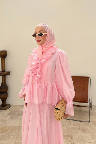 Yakası Fırfır Detaylı Etekli İkili Takım Pembe