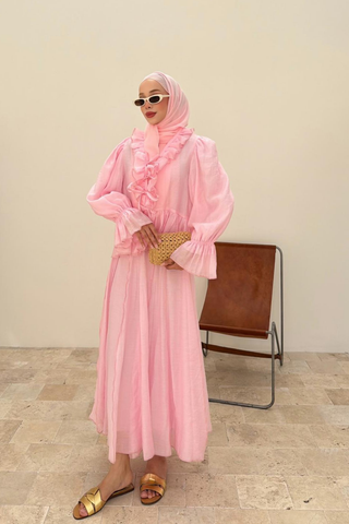 Yakası Fırfır Detaylı Etekli İkili Takım Pembe