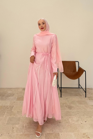 Biye Detaylı Parçalı Kuşaklı Elbise Pembe