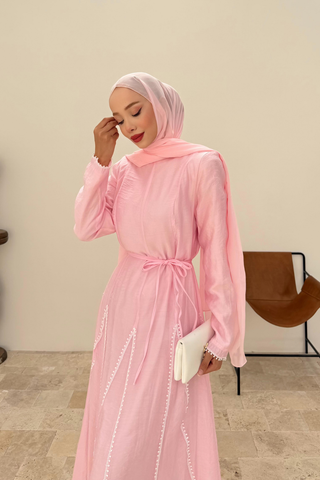 Biye Detaylı Parçalı Kuşaklı Elbise Pembe