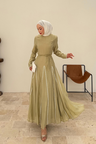 Biye Detaylı Parçalı Kuşaklı Elbise Yeşil