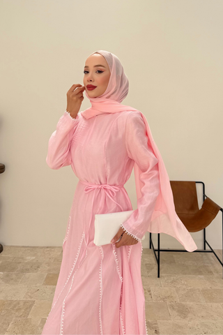 Biye Detaylı Parçalı Kuşaklı Elbise Pembe