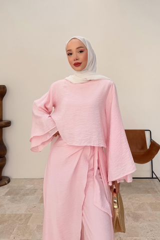 Pelerin Detaylı Pantolonlu İkili Takım Pembe