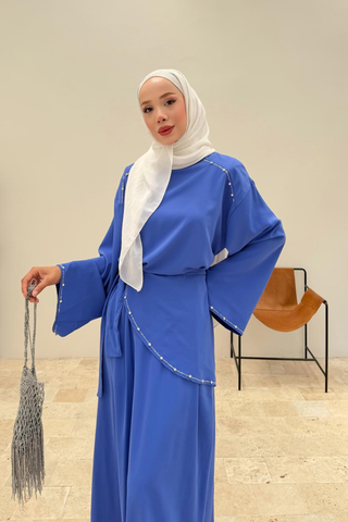 Taş Ve Kruvaze Bağlama Detaylı Elbise Saks Mavisi