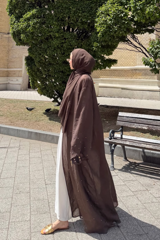 Taş İnci Detaylı İnce Tensel Abaya Kahverengi