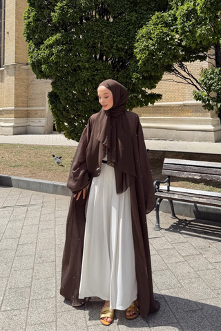 Taş İnci Detaylı İnce Tensel Abaya Kahverengi