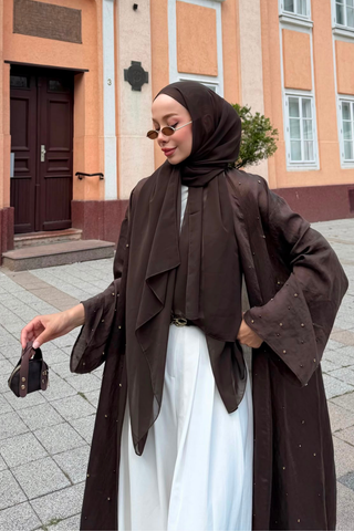Taş İnci Detaylı İnce Tensel Abaya Kahverengi