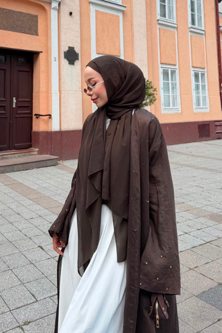 Taş İnci Detaylı İnce Tensel Abaya Kahverengi