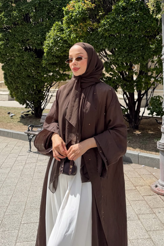 Taş İnci Detaylı İnce Tensel Abaya Kahverengi