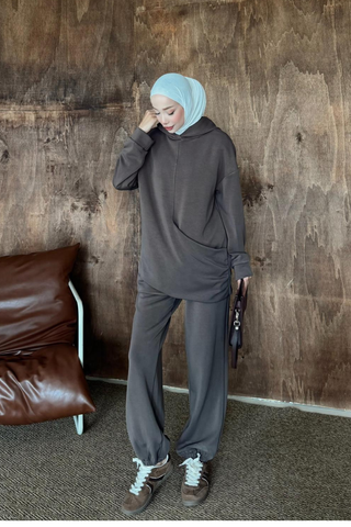 Drape Detaylı Kapüşonlu Pantolunlu İkili Takım Kahverengi