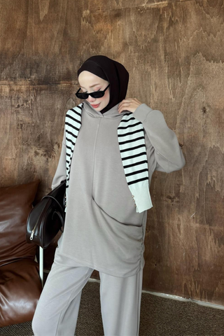 Drape Detaylı Kapüşonlu Pantolunlu İkili Takım Vizon
